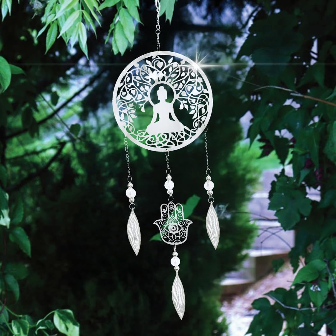 Stainless Steel Garden Wind Spinner, Spiritual Dreamcatcher Buddha Design, 59 x 18cm, Silver Outdoor Spinning Hanging Ornament