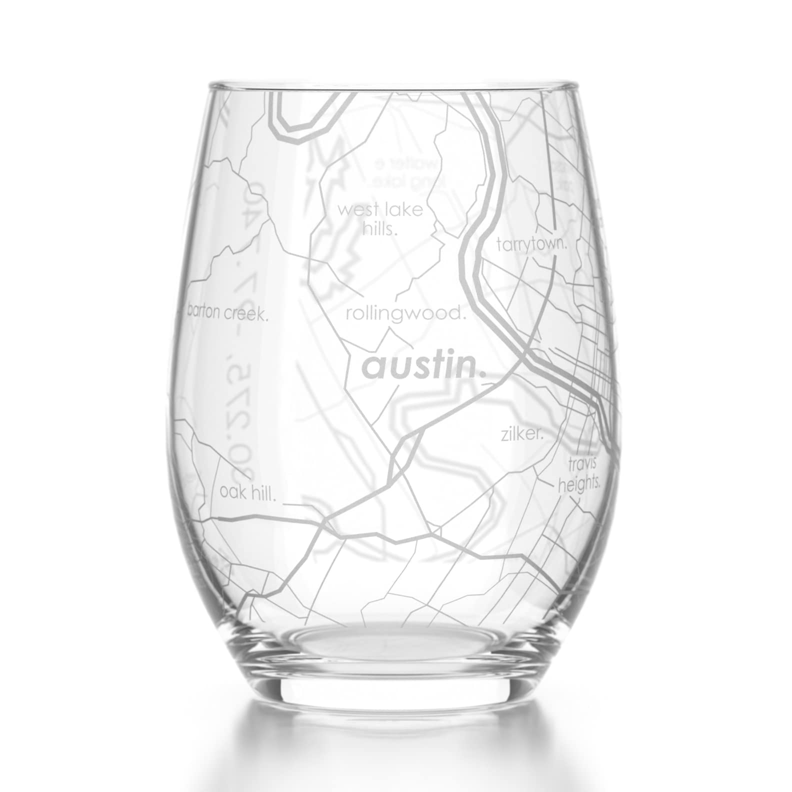 Engraved Austin Texas Map Stemless Wine Glass, Etched Glass (15 oz, Clear) City Custom Gifts for Lovers