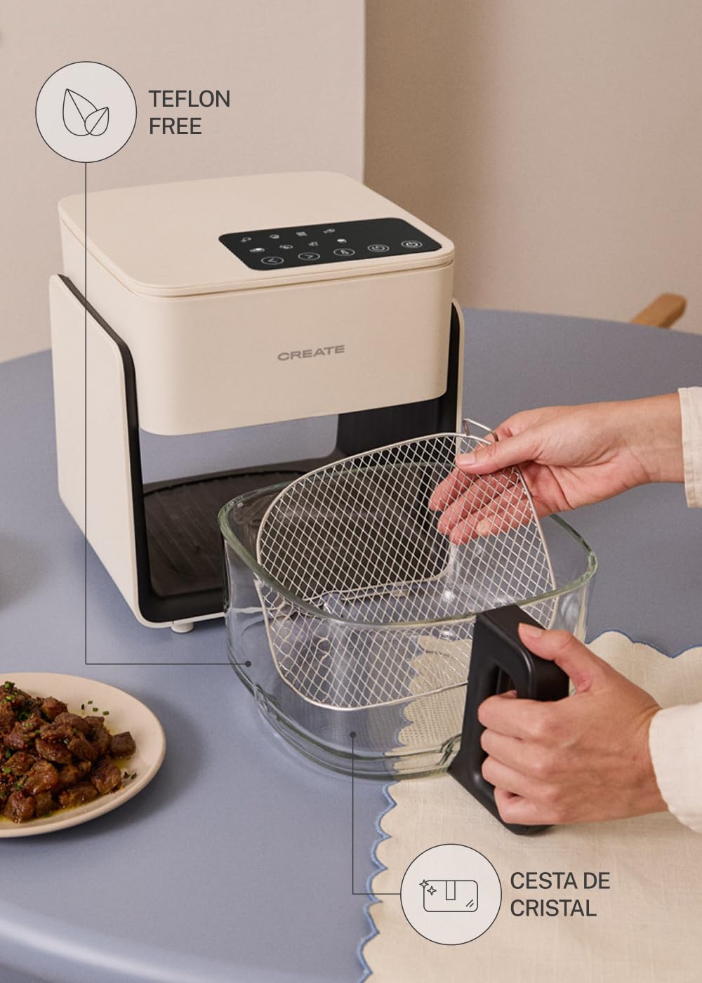 CREATE/AIR FRYER STUDIO CRYSTAL/Friteuse sans huile 4,2 L sans vaporisateur d’eau blanc cassé/Capacité 5-6 portions, 6 programmes, plateau en verre, contrôle du temps et de la température, 1300W