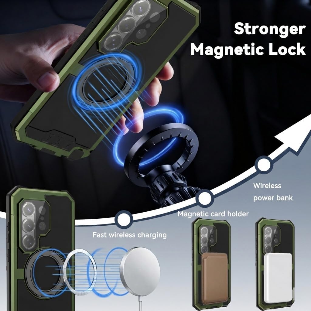 Compatible with Samsung S26 Ultra Metal Case With 360 Ring Stand Fit Magsafe Three Layer Aluminum Alloy [Built in Screen Protector] 10 FT Military Heavy Duty Drop Protection Magnetic Phone Cover Green