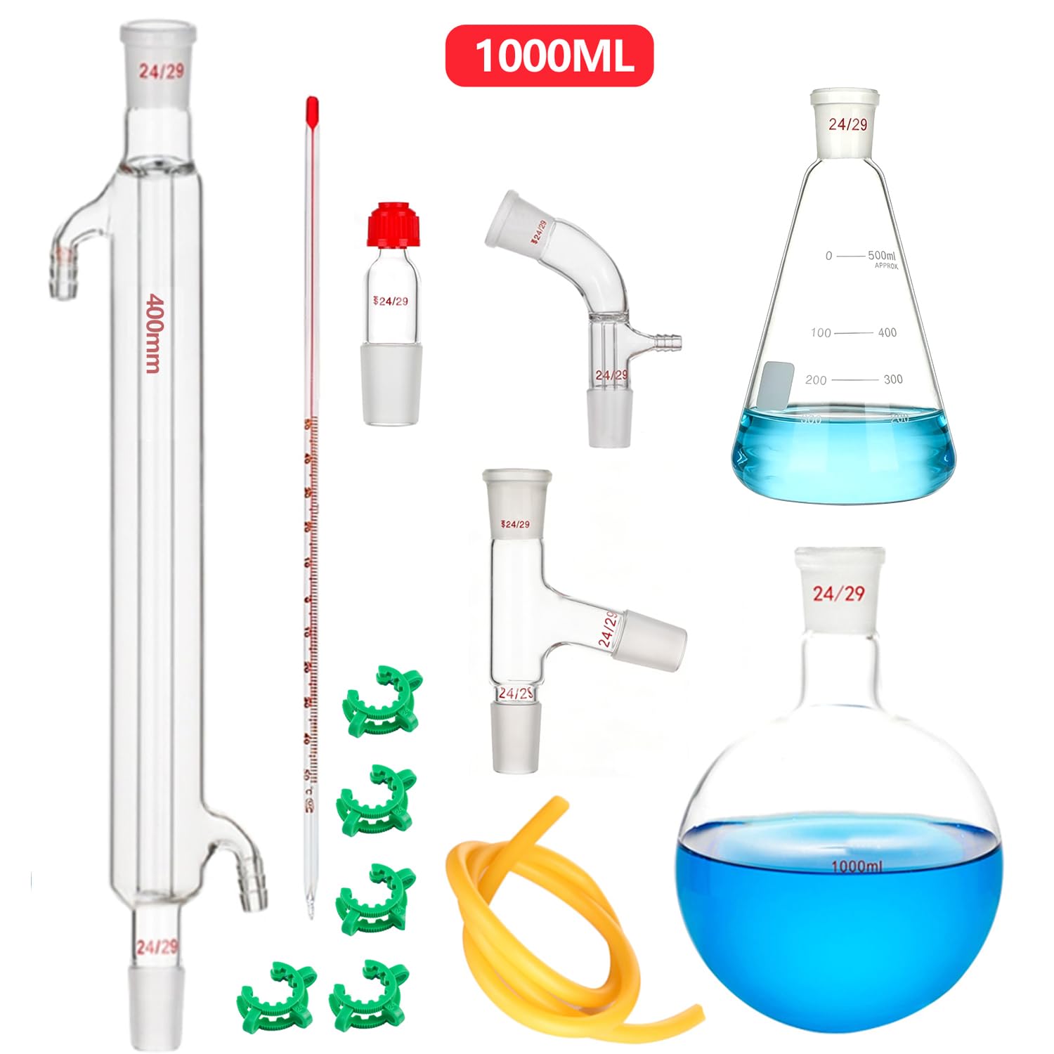Conjunto de destilación de laboratorio Aparato de vidrio de borosilicato Kit de vidrio de laboratorio de química 24/29 Junta (1000ml)