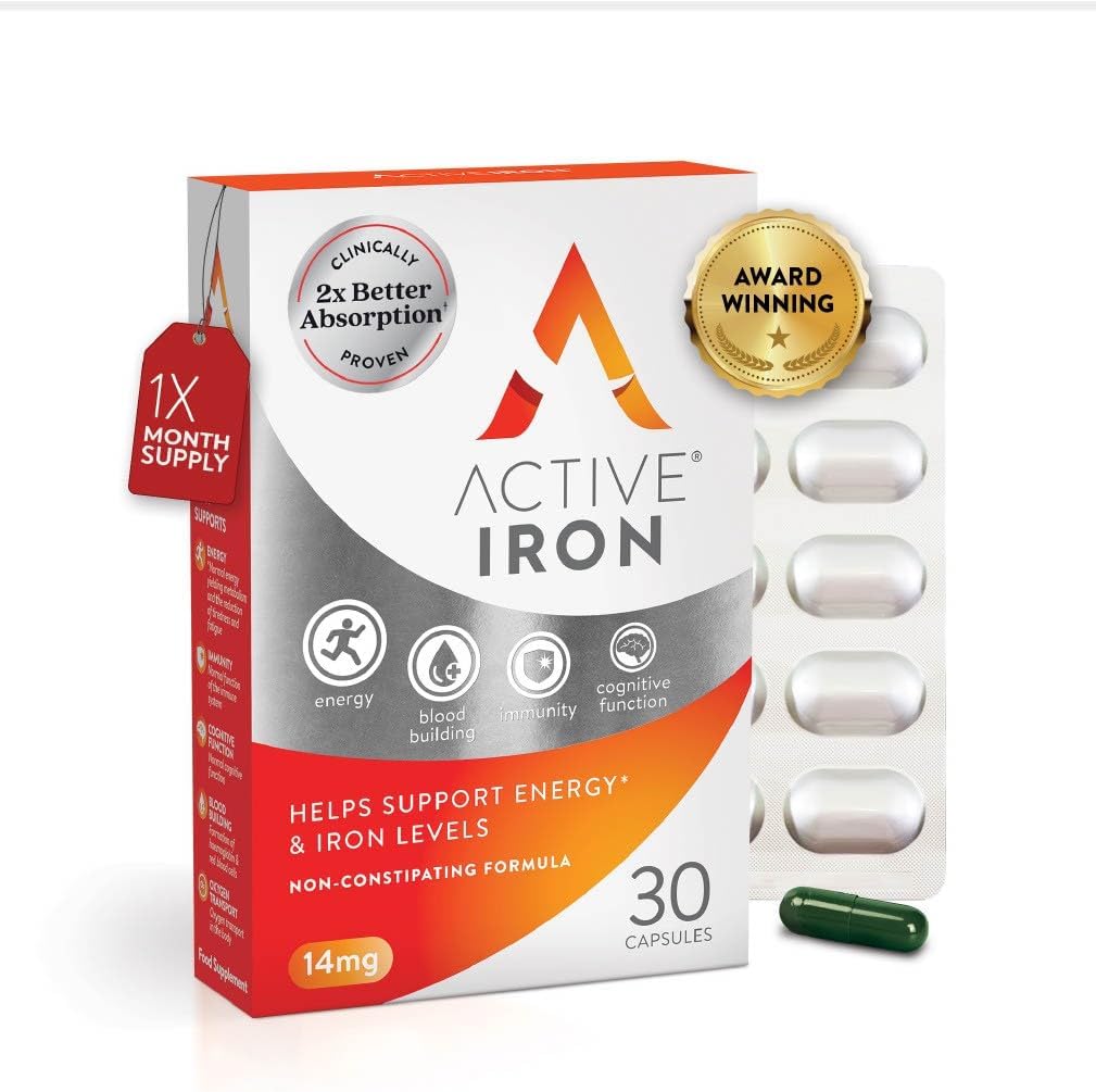 – Active Iron Supplement 14 mg – Helps Support Iron & Energy Levels – Gentle, Non-Constipating, Highly Absorbed – 30 Capsules, 1 Month Supply