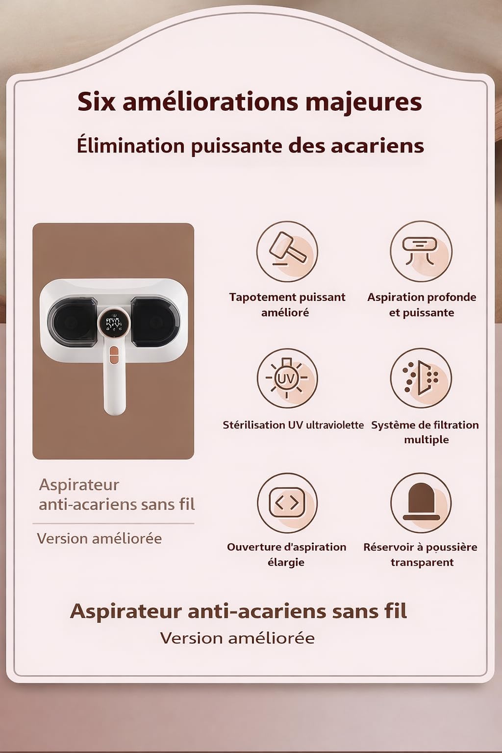 Aspirateur à Main Léger, Portable et sans Fil, Anti Acarien, Anti Bactérie, Technologie Cyclonique, Filtre HEPA, 100W, Batterie Rechargeable, Idéal pour Matelas, Rideaux, Canapés