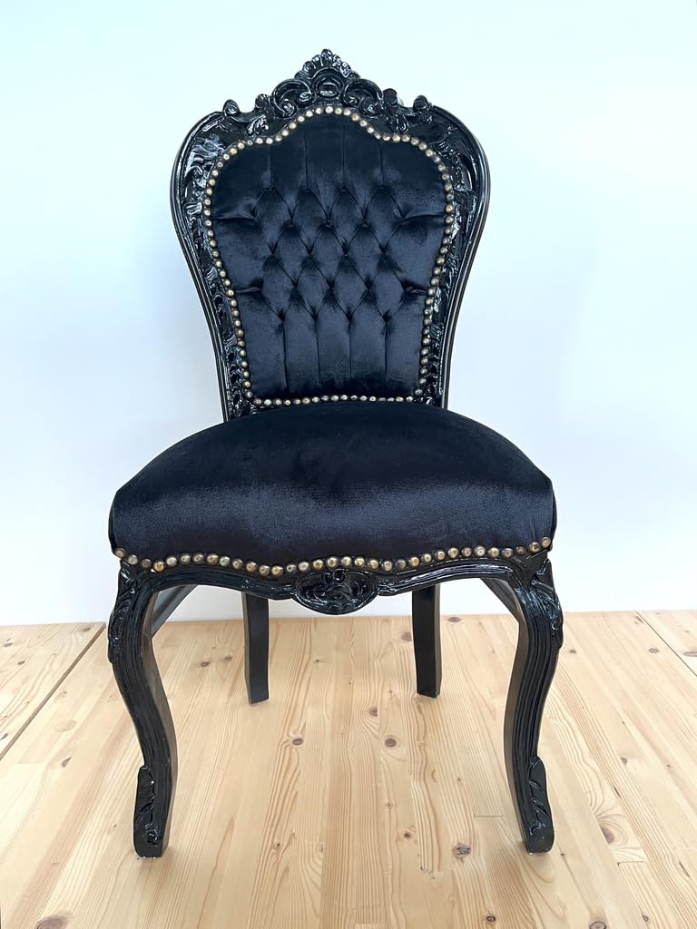 CasAmin Home & Living Chaise Accent Black Velvet French Louis XV Style Baroque Rococo Dining Antique Style Reproduction en Noir
