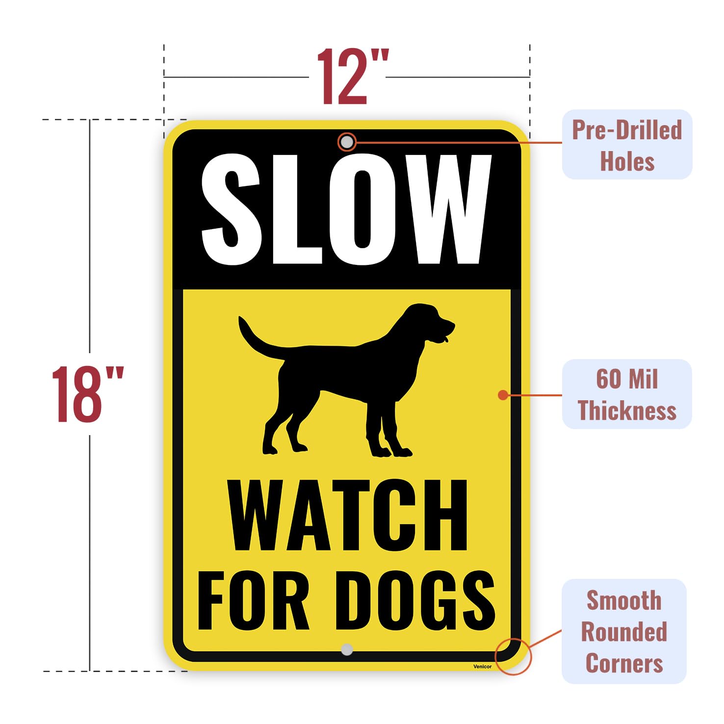 2PC Slow Watch for Dogs Sign, 18 x 12 Inches - Aluminum - Caution Slow Down Dog Crossing Pets At Play Sign — Amazon image 2