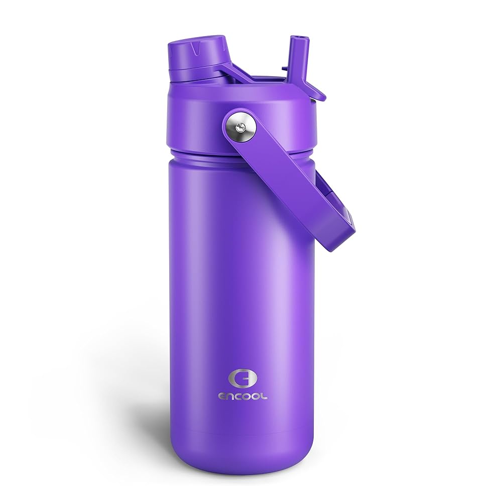 ENCOOL Insulated Water Bottle with Straw Stainless Steel Water Bottle, Leak-Proof, BPA-Free, Double Wall Vacuum Keeps Cold for 24 Hours for Sports, Travel, School (18 oz, Violet)