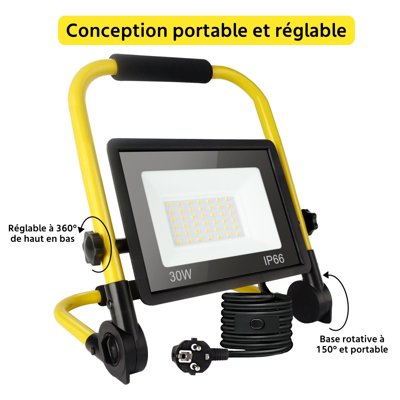 Projecteur de Chantier Led 30w, Lampe de Chantier 3240 Lm, Lampe Chantier Portable 6000k Lumière du jour Blanche, Ip66 Étanche, Prise Ue Lampes de Chantier Avec Fil de3,5m pour Atelier, Garage, Jardin