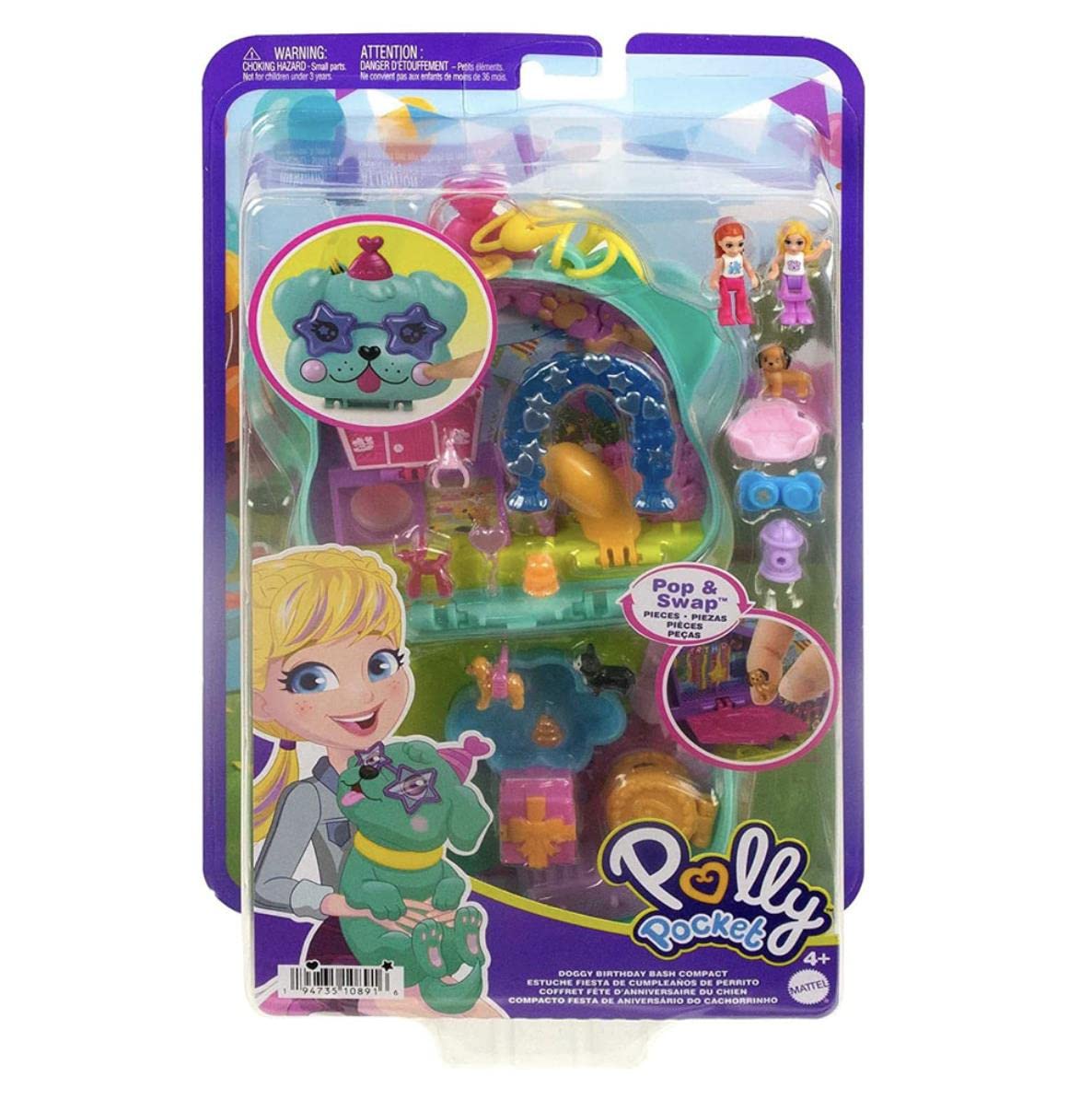 Polly Pocket - Cofanetto Il Compleanno del Cagnolino, playset con 2 micro bambole e 14 accessori, giocattolo da viaggio tascabili, giocattolo per bambini 4+ anni, HKV30