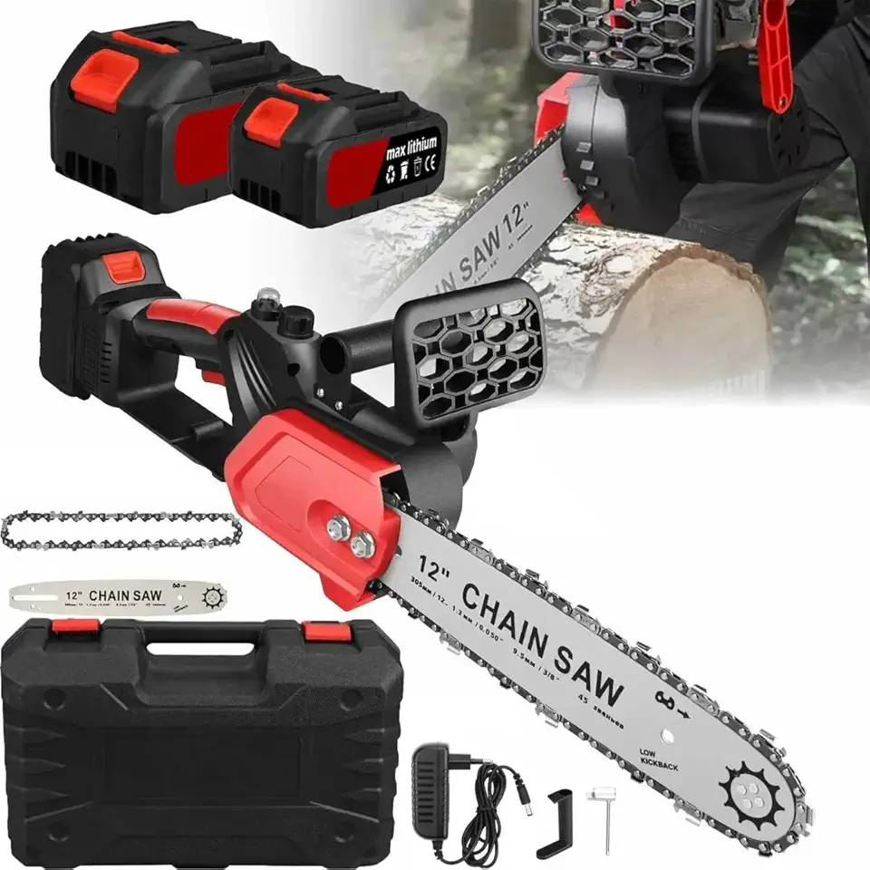 Motosserra Elétrica Sem Fio 48V, 12 Polegadas, Motor de Cobre Puro, 1200W, Com 2 Baterias e Carregador