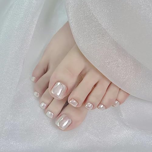 White Press on Toenails Glossy Chrome Acrylic Toe Nails Press