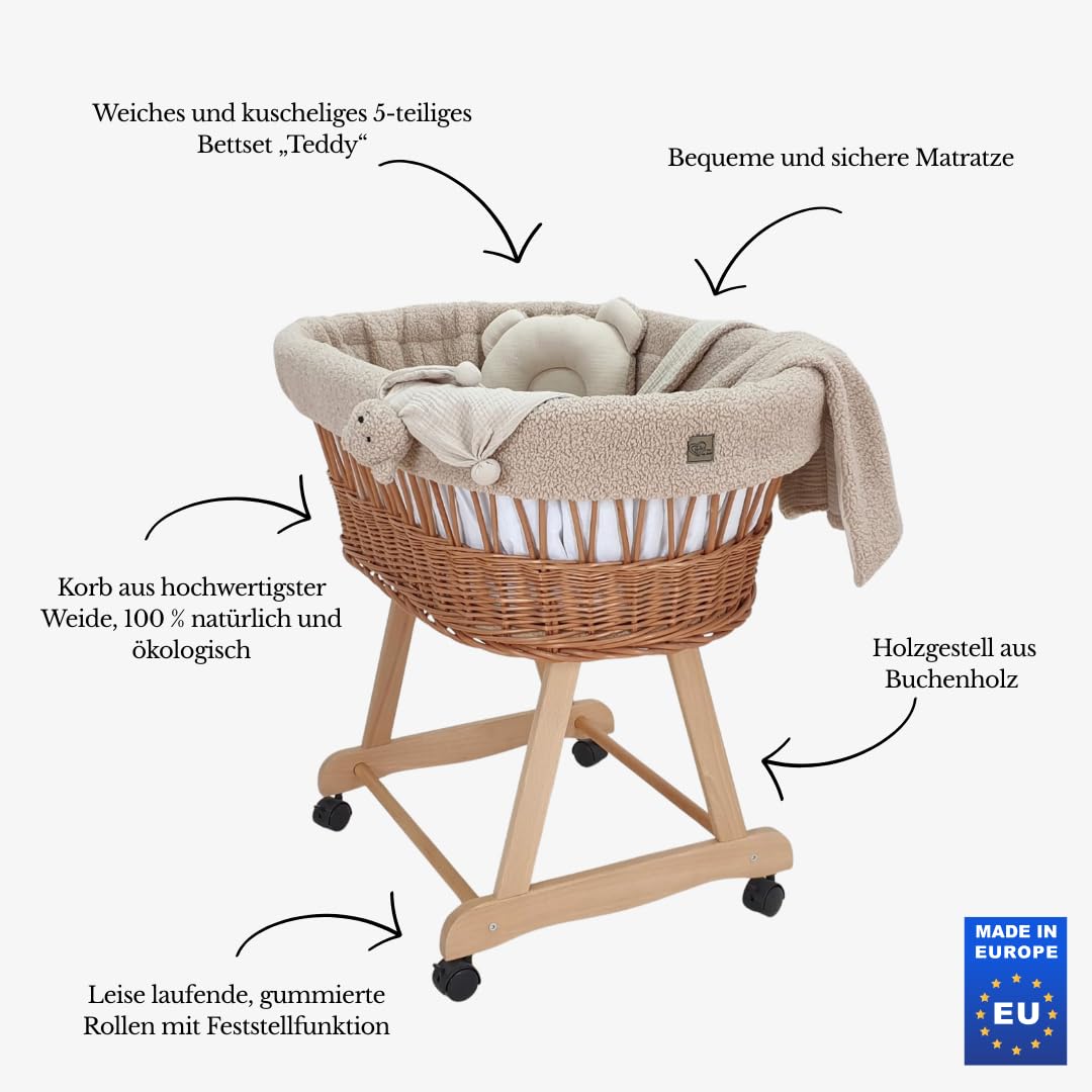 Łóżeczko dziecięce Amelia – naturalne ręcznie tkane Mojżesz ze stojakiem i materacem – 5-częściowy zestaw pościeli Teddy Beż – przenośny wózek na kółkach – idealny dla noworodków