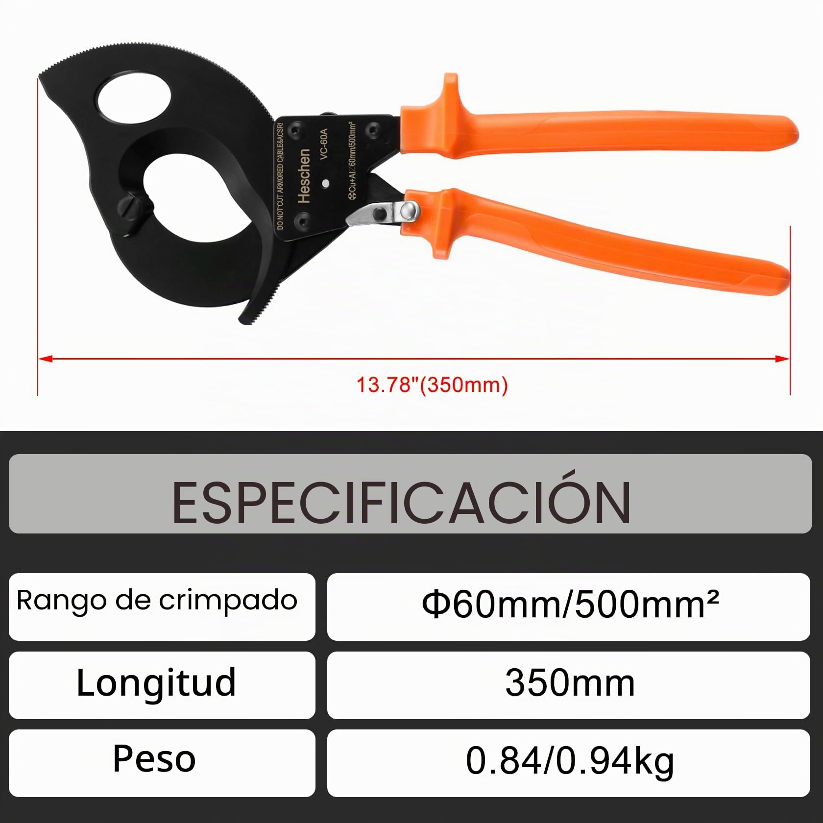 Heschen Cortador de cables de trinquete VC-60A para pelacables de 60 mm/500 mm², herramienta de crimpado manual