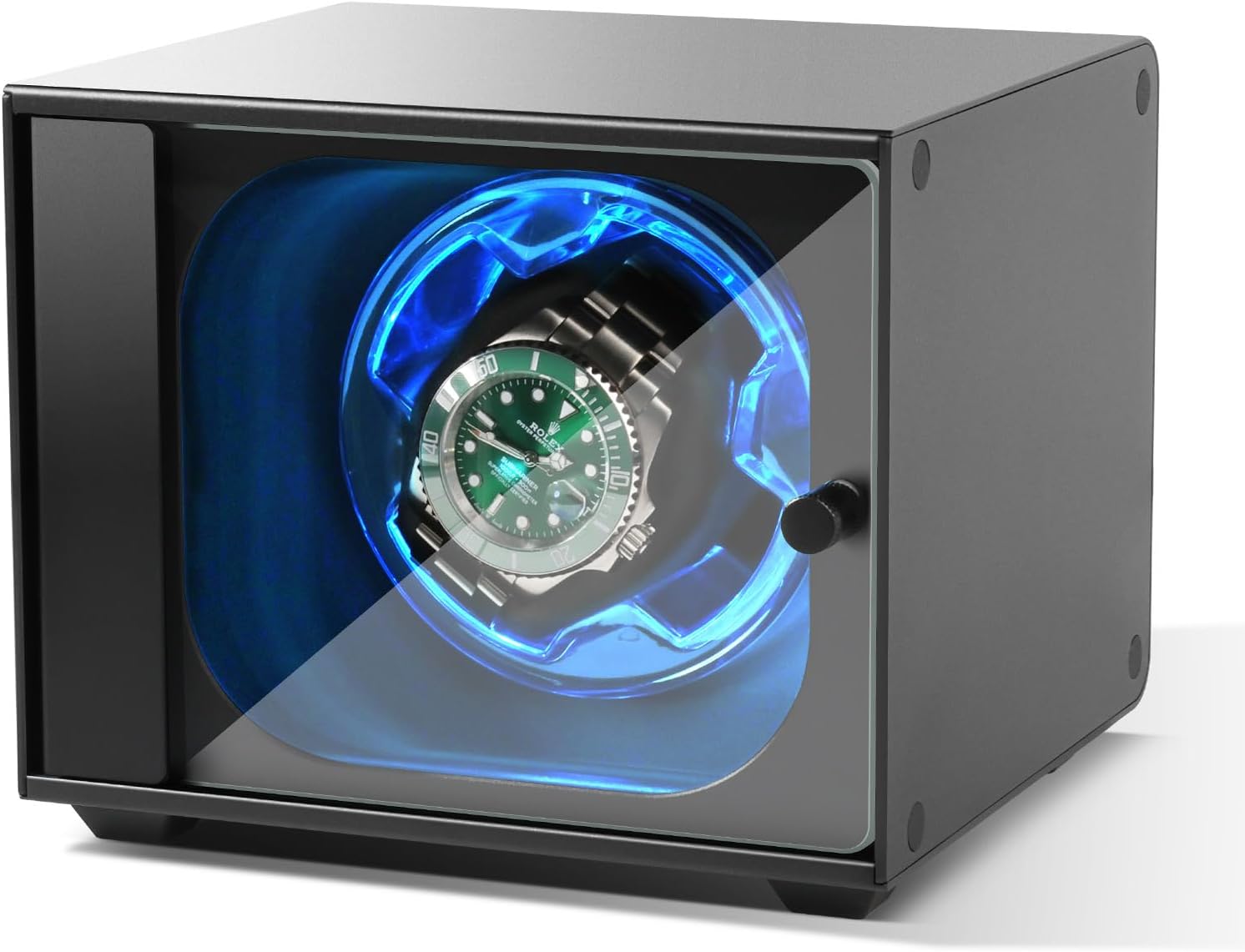 Watch Winder, Aluminum Single Automatic Watch Winder with Ultra Quiet Motor(≈0dB),Self-Winding Metal Watch Winder for Rolex and More,Blue Light,Side Open Glass Door,Gift for Watch Lovers