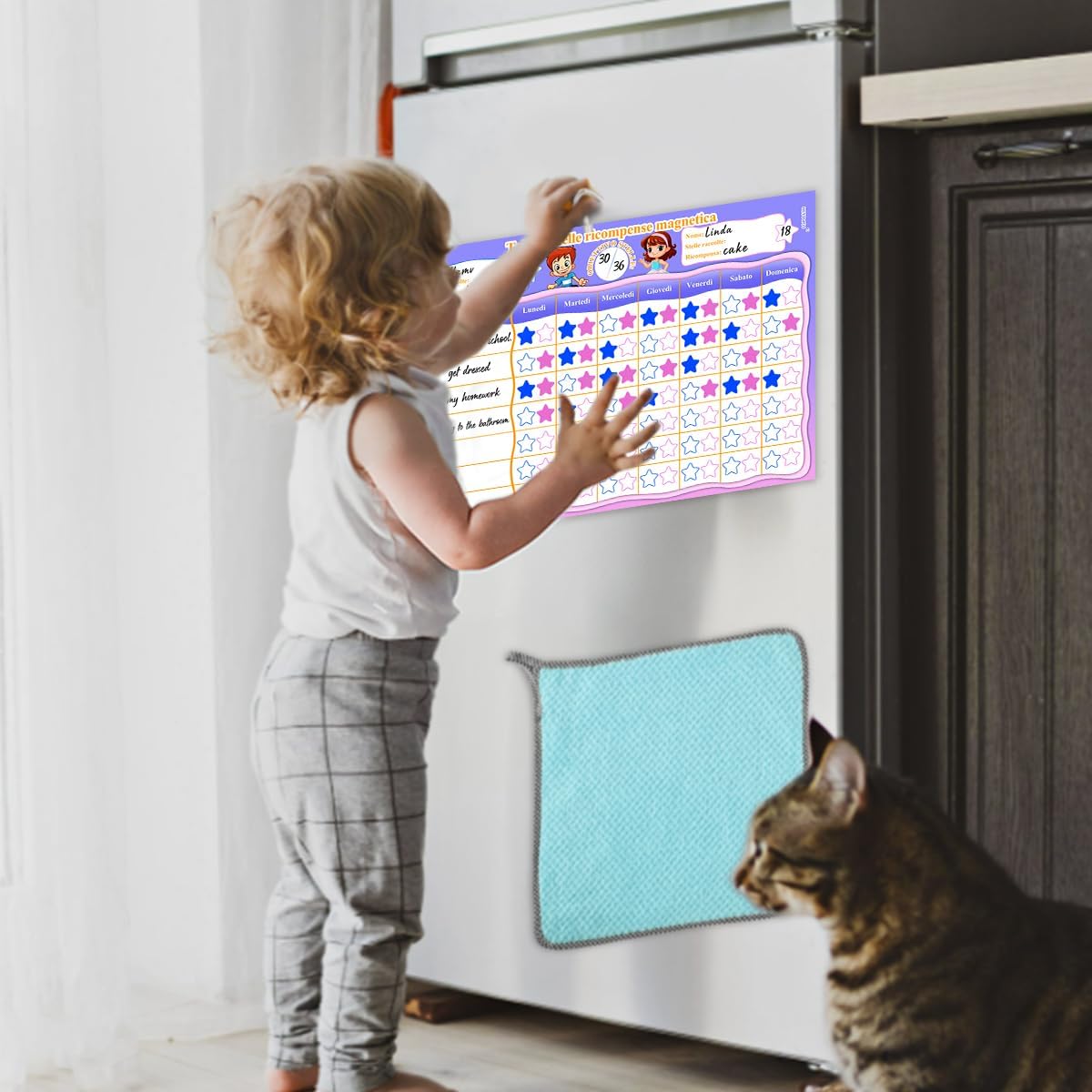 Tabella Delle Ricompense per Bambini,Tabellone Delle Ricompense bambini,Tabella Delle Ricompense Magnetica,Routine Bambini Giornaliera,Buon Comportamento in Ragazzi/Ragazze,5 Penne,34X24 cm (Italiano)