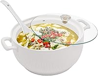 HUIBAI 3QT Ceramic Soup Tureen with Glass Lid & Ladle - Durable Porcelain Serving Bowl for Kitchen, Home, Restaurant