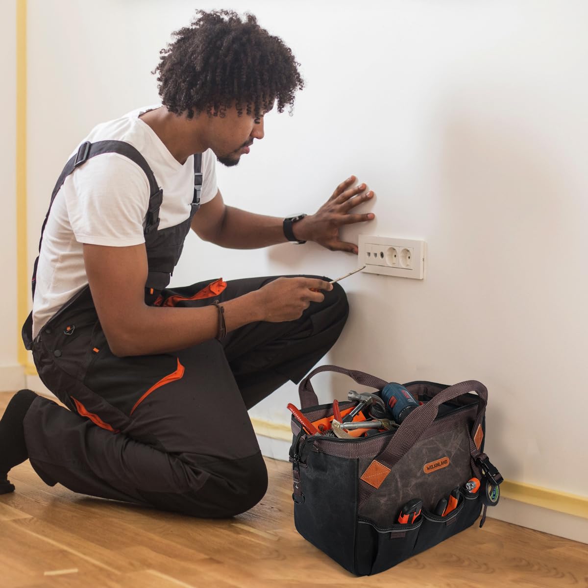 WELKINLAND Bolsa de herramientas de electricista de 18 bolsillos, bolsas de herramientas de fontanero resistentes de 14 pulgadas, bolsas de herramientas de lona encerada, bolsas de herramientas de