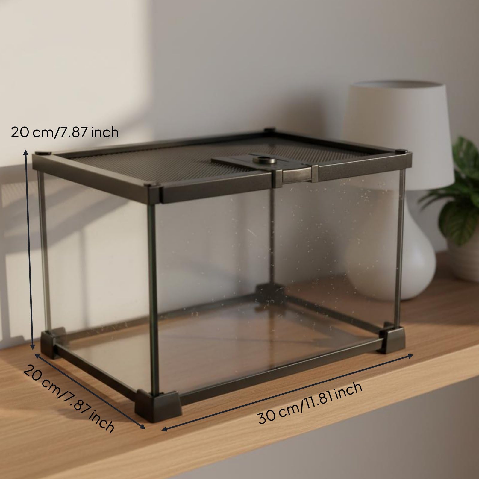 Terrario para Reptiles de Vidrio con Panorámica 360 Grados Diseño Seguro con Tapa de Malla Ventilación Estructura Apilable Adecuado para Serpientes Ranas Tortugas Hogar, 30x20x20cm