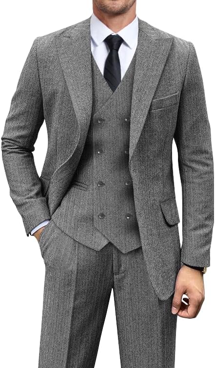 Vintage Tweed Herringbone Suits for Men 2 Button Slim Fit 3 Piece...