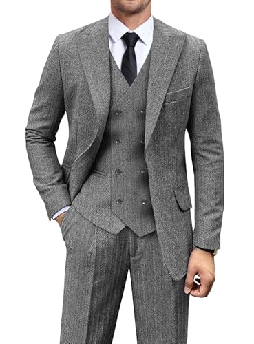 Retro Mens Tweed Herringbone Suit 3 Pieces Slim Fit Dress Suit Men 2 Button Blazer Vest Pants Men Light Grey Prom Tuxedo L
