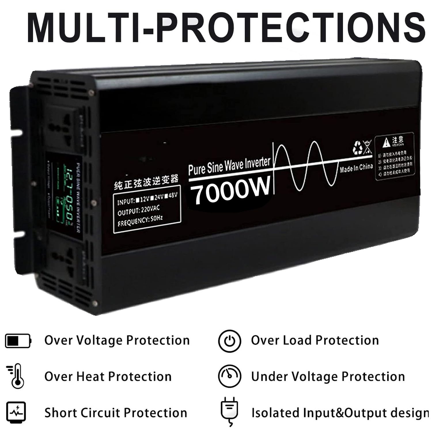 Przetwornica Napięcia Czystej Fali Sinusoidalnej Dc 12V/24V/48V Na Ac 220V-230V 7000/10000W Z Wyświetlaczem Lcd I 2 Gniazdami Ac Przetwornice Napięcia,Do Domowej Ciężarówki Rv,7000W-24V