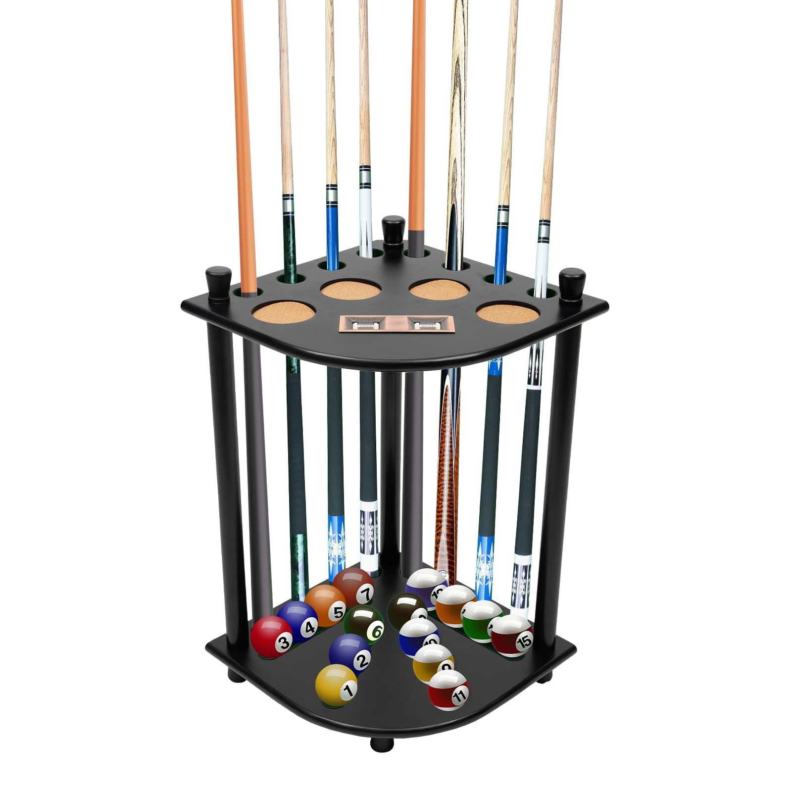 EcoTypee Floor Stand Pool Stick Holder, 8 Cues Solid Wood Billiard Pool Cue Rack with 4 Drink Holders, Pool Table Accessories