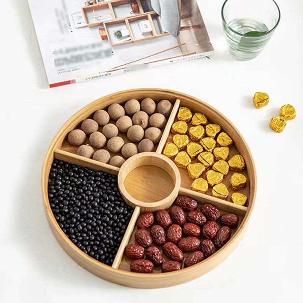 Holz Geteilte Servierschale Mit Deckel, Rundes Snackschale, Abteil Großer Kapazität Trockener Obstschale Mit Deckel, Fruchtplattenschale Für Nüsse, Snacks A