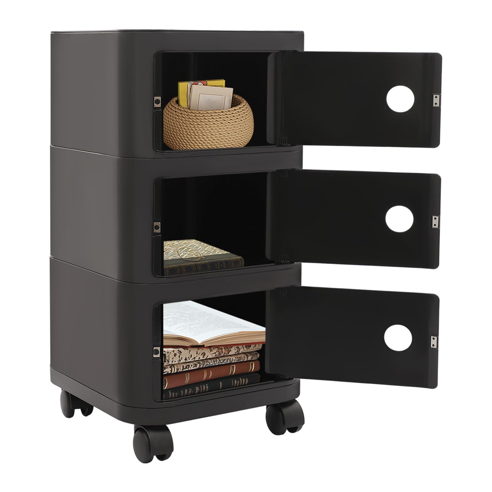 Mesita de noche con 3 cajones, mesita de noche con una plataforma superior y tres compartimentos, mesa auxiliar móvil con puertas, para dormitorio, sala de estar, estudio (negro)