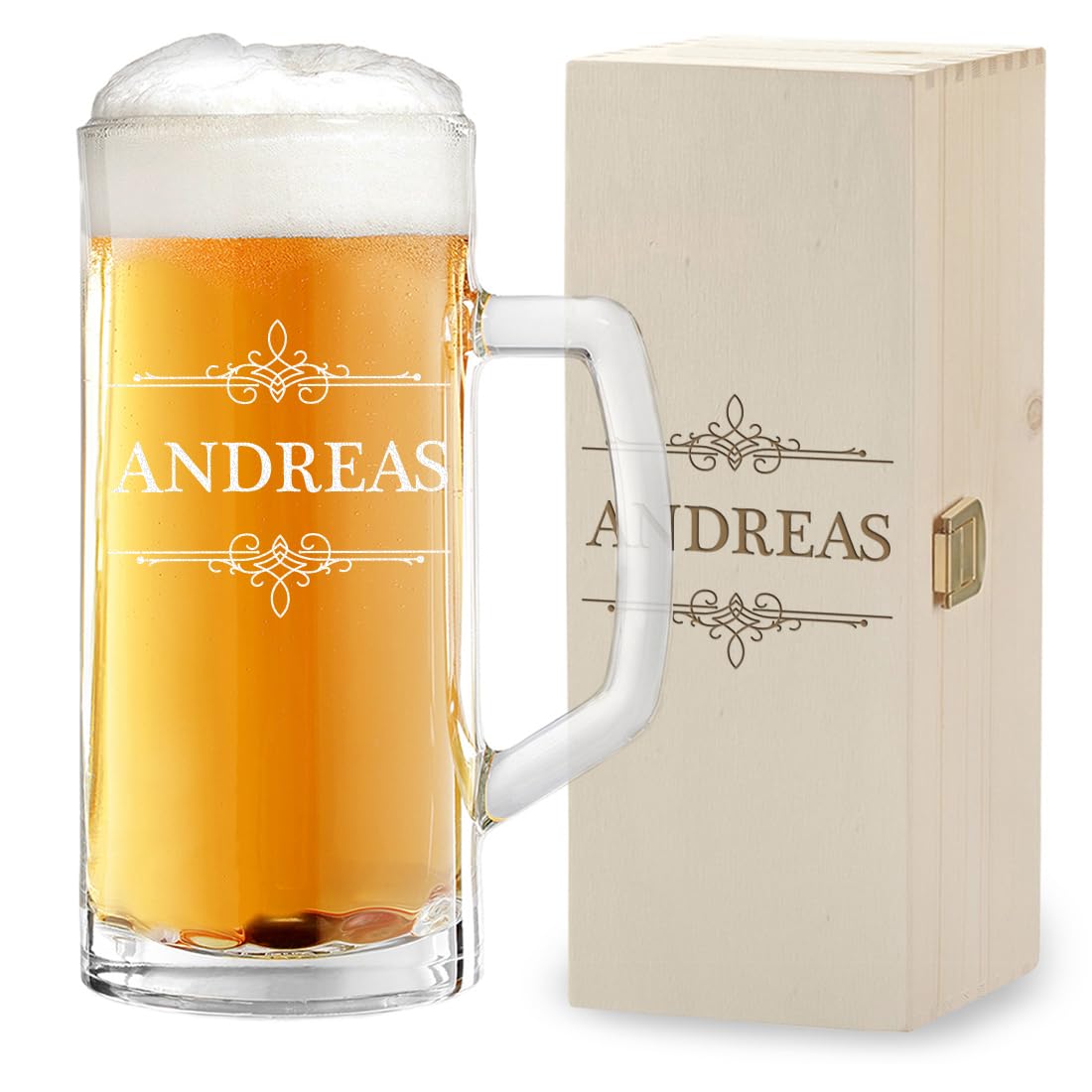 Coffret cadeau de 2 pièces : 1 chope à bière de 0,5 l + 1 boîte en bois avec gravure – Cadeau d'anniversaire et d'anniversaire – Verre à bière pour amis – Chope à bière avec trait de remplissage –
