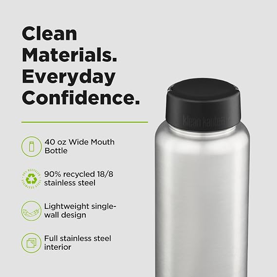 Klean Kanteen Wide Water Bottle with Loop Cap - Stainless Steel Water Bottle for Daily Hydration & Outdoor Use - Non-Insulated - BPA Free, Dishwasher Safe - Brushed Stainless, 40 oz