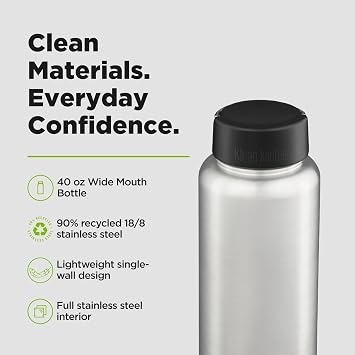 Klean Kanteen Wide Water Bottle with Loop Cap - Stainless Steel Water Bottle for Daily Hydration & Outdoor Use - Non-Insulated - BPA Free, Dishwasher Safe - Brushed Stainless, 40 oz