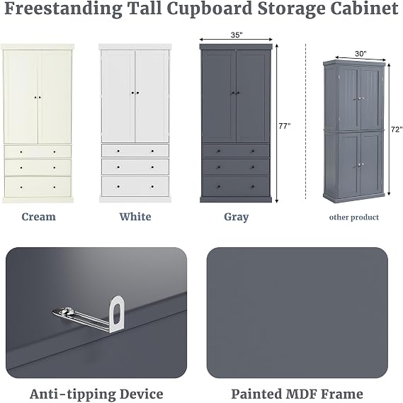 77inch Farmhouse Kitchen Pantry, Freestanding Tall Cupboard Storage Cabinet with 3 Adjustable Shelves, 8 Door Shelves, 3 Drawers for Kitchen, Dining Room, Grey