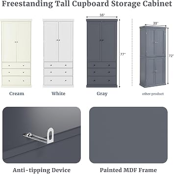 77inch Farmhouse Kitchen Pantry, Freestanding Tall Cupboard Storage Cabinet with 3 Adjustable Shelves, 8 Door Shelves, 3 Drawers for Kitchen, Dining Room, Grey
