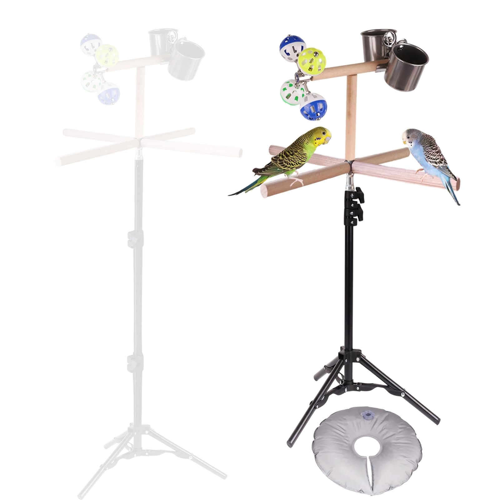 Vogel-Sitzstange mit dreieckigem Metallfuß, drehbaren Schaukelstangen und drehenden Glocken, Klemme für Wasser und Futter und Gewichtstasche sind im Lieferumfang enthalten.
