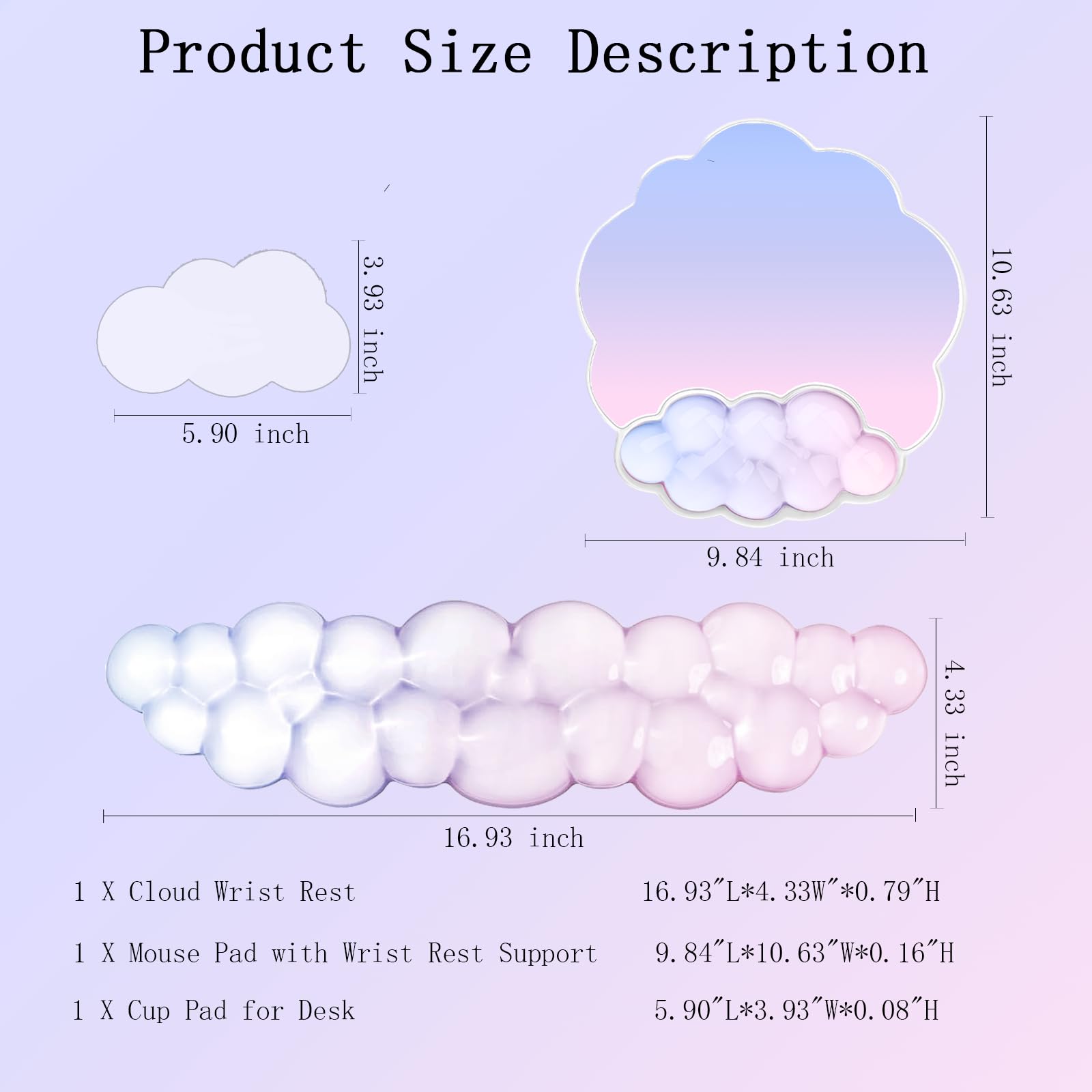 Gel-Cloud-Handgelenkauflage, Tastatur, transparentes Mauspad mit Handgelenkauflage, 3-teilig, ergonomischer Acryl-Untersetzer, rutschfeste Unterseite, niedlich, transparent, cooles Handgelenkpolster