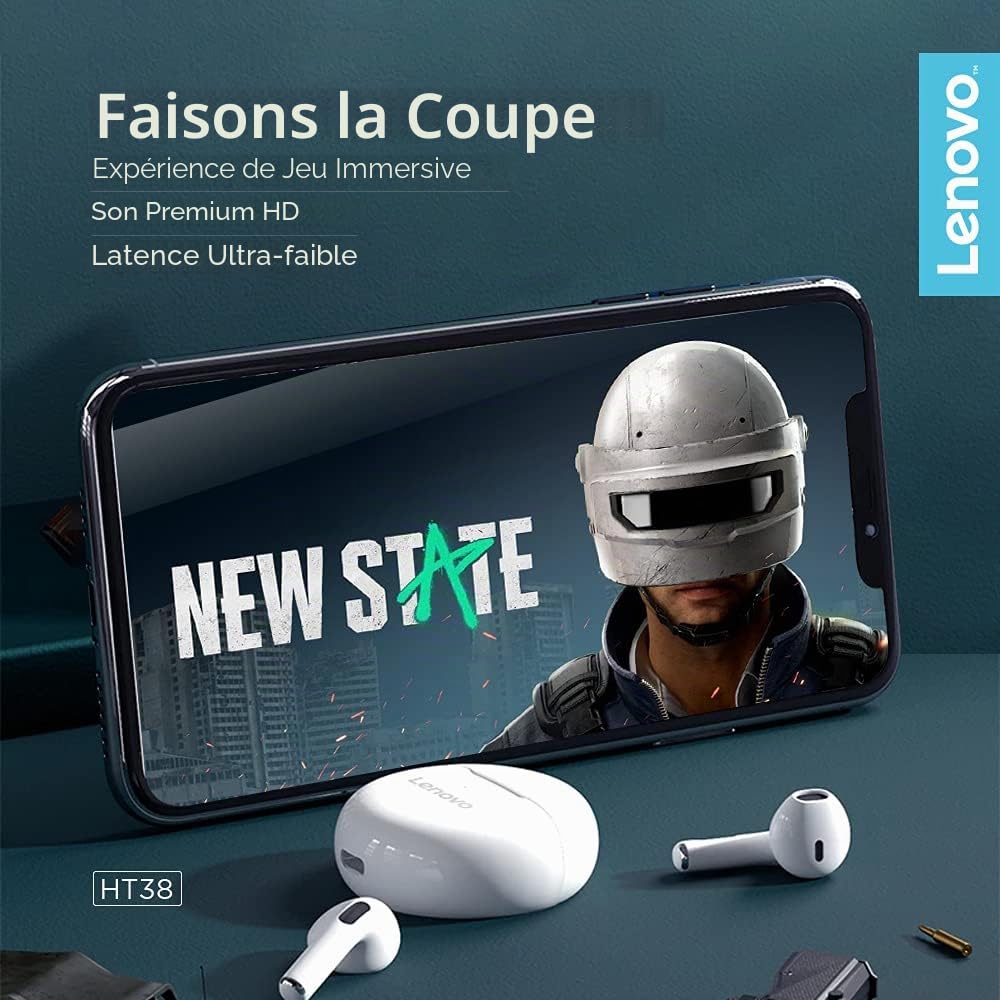 Lenovo – écouteurs sans Fil Bluetooth LivePods HT38 TWS, Mini Casque d'écoute, Commande Tactile 9D Stéréo, avec Micro, 30h d'autonomie