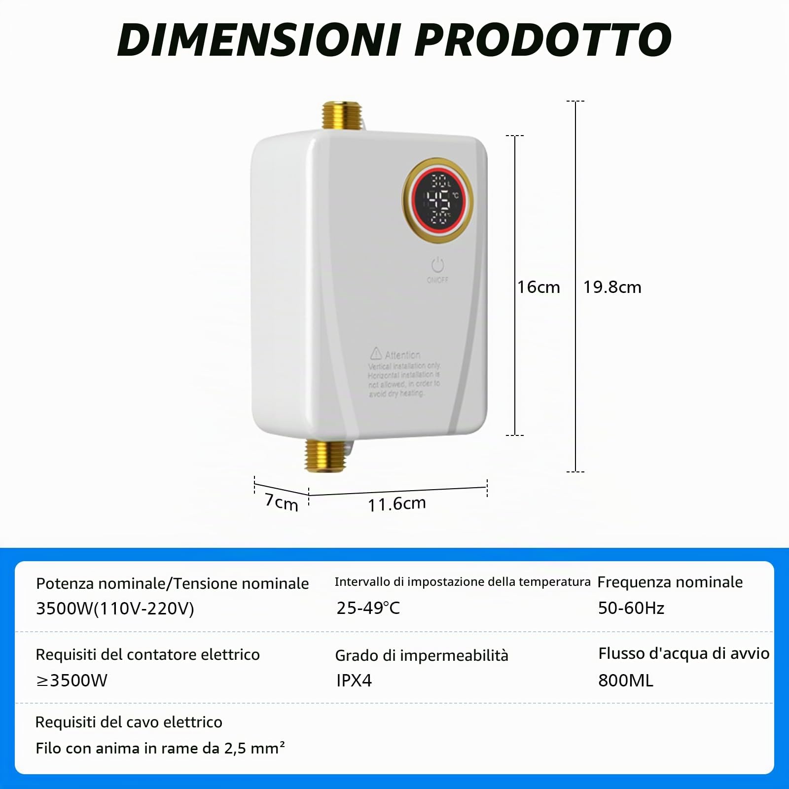 Scaldacqua istantanea elettronico, 3500 W 220V Scaldacqua | Istantaneo a Parete Mini Scaldabagno Istantaneo Elettrico con Display LED Della Temperatura, scaldabagno elettrico