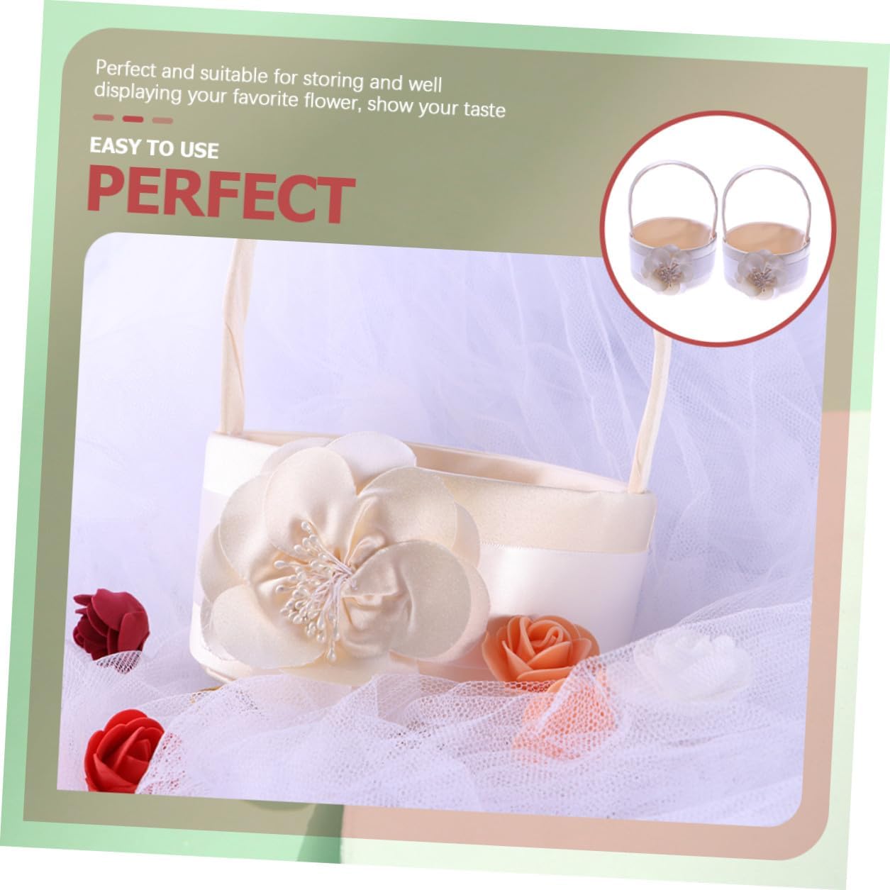 Satin Wedding Flower Girl Basket 2pcs Handheld Flower Basket with Floral Design Wedding Supplies for Ceremony and Party Decoration
