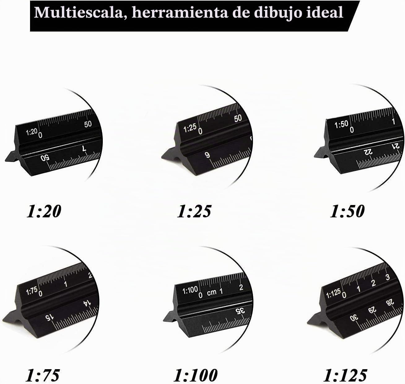 30 cm escalímetro de precisión, aluminio para arquitectos e ingenieros, triangular - 1:20, 1:25, 1:50, 1:75, 1:100, 1:125