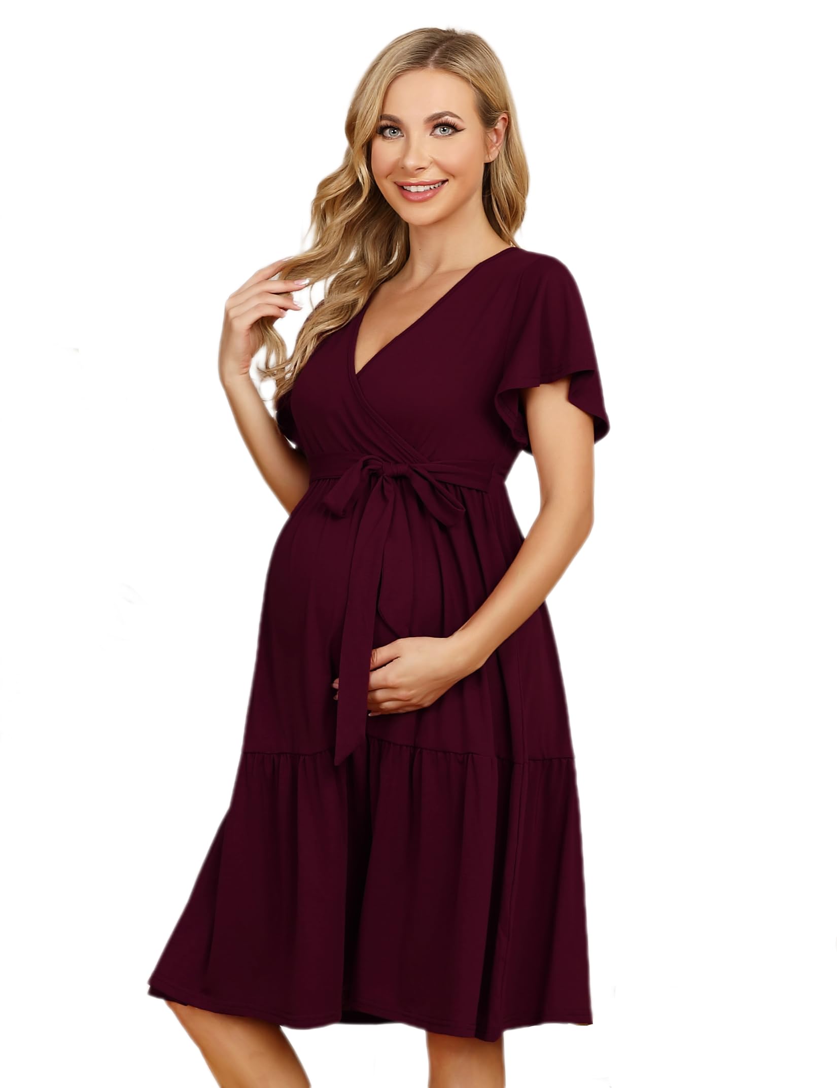 Yesfashion Robe de grossesse décontractée pour femme - Col en V - Élégante robe de grossesse avec volants (emballage réutilisable)