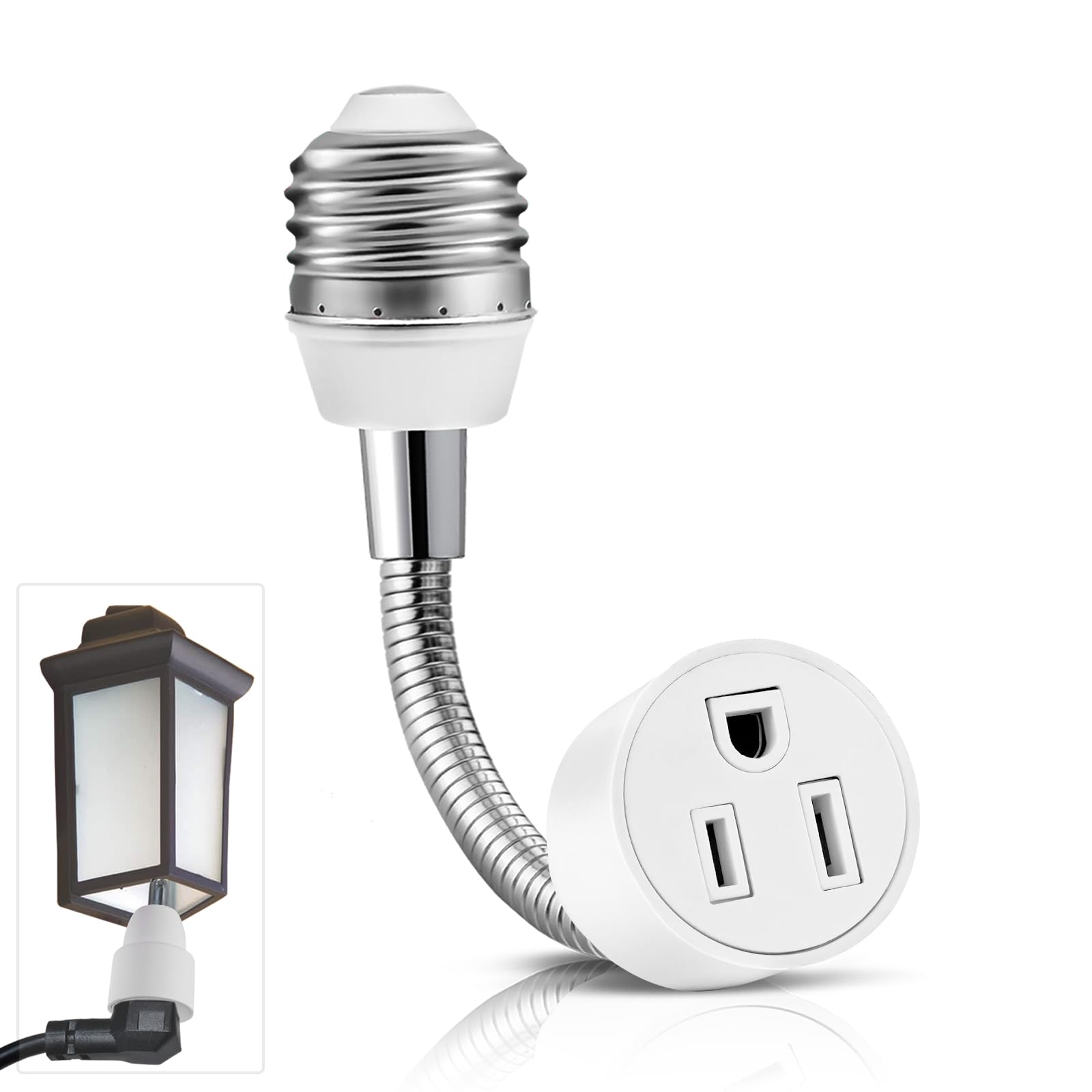 3 Prong Outlet Light Socket Adapter,Light Bulb to Outlet Socket Adapter with Extension Cord,Flexible Light Socket Plug Adapter for Garage,Porch and Patio Light,6 Inch Socket Outlet Extender