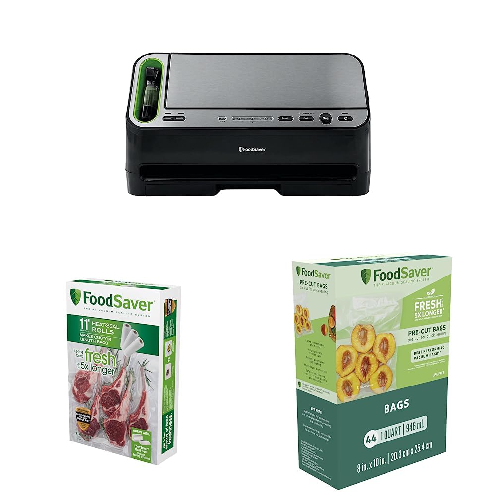 FoodSaver V4400 2-in-1 Vacuum Sealer Machine &amp; Vacuum Sealer Bags, 11" x 16' (Pack of 3) &amp; FoodSaver Vacuum Sealer Bags for Airtight Food Storage and Sous Vide, 1 Quart Precut Bags (44 Count)