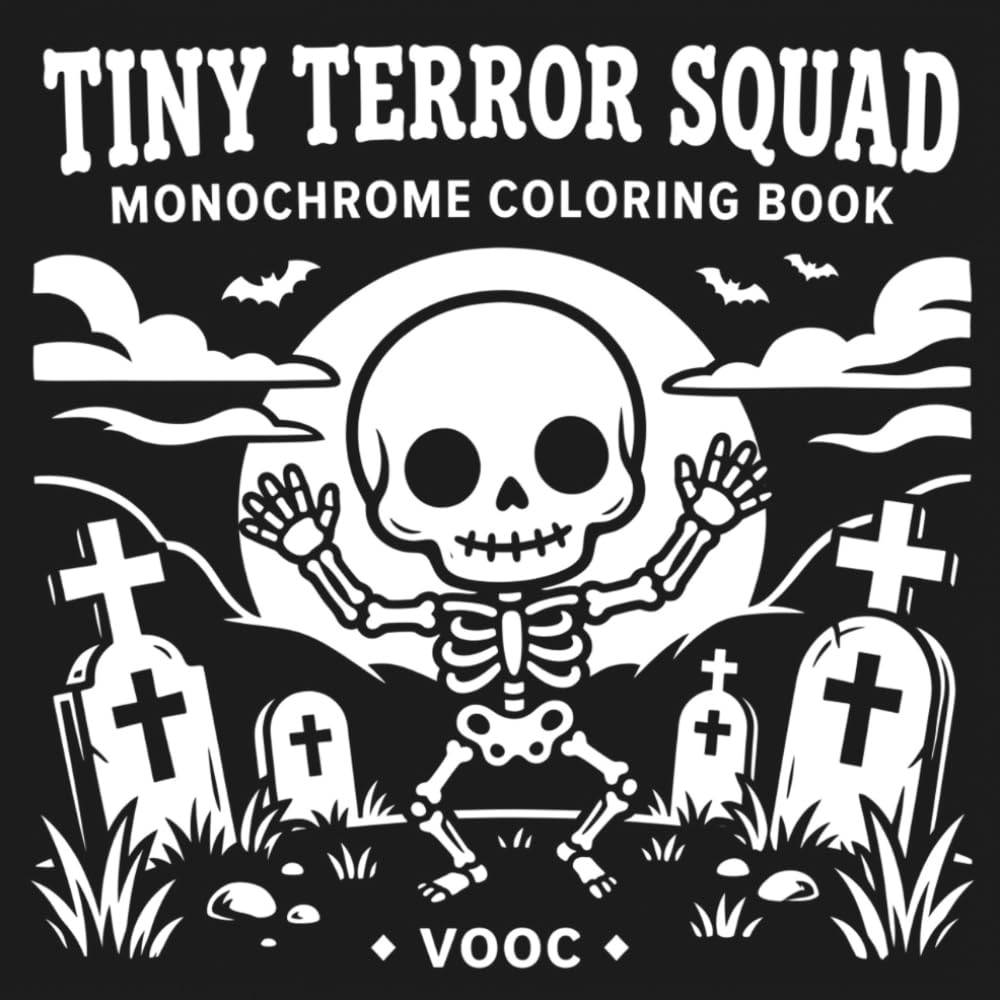 Tiny Terror Squad: Monochrome Coloring Book with Cute Chibi Halloween Monsters and Spooky Scenes for Adults (Monochrome Escape Coloring)