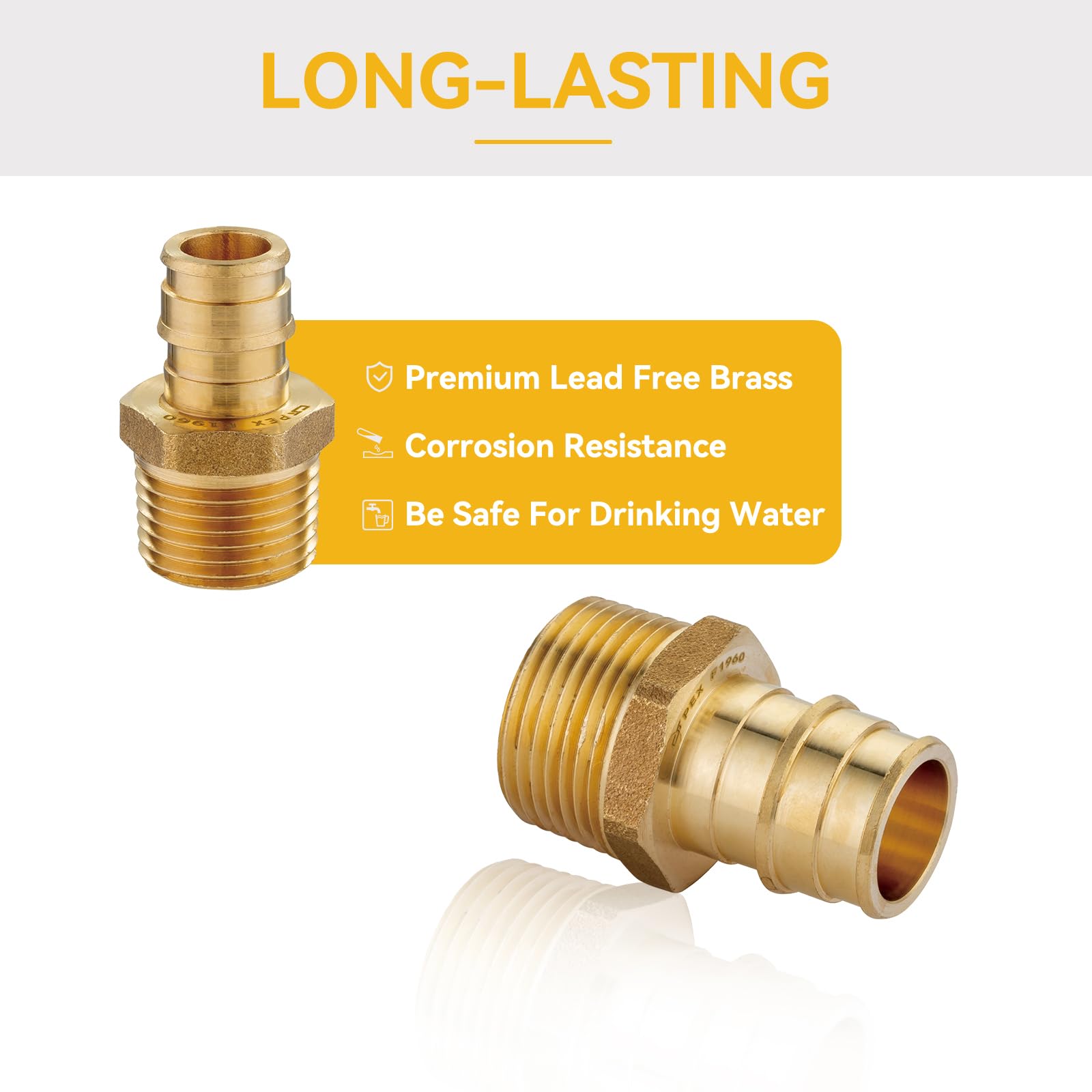 Paquete de 20 Accesorios PEX-A, expansión Macho NPT de latón de 3/4" x 3/4", Rosca Macho F1960 para tubería PEX A, Cobre (PEX1960018-20Pack)