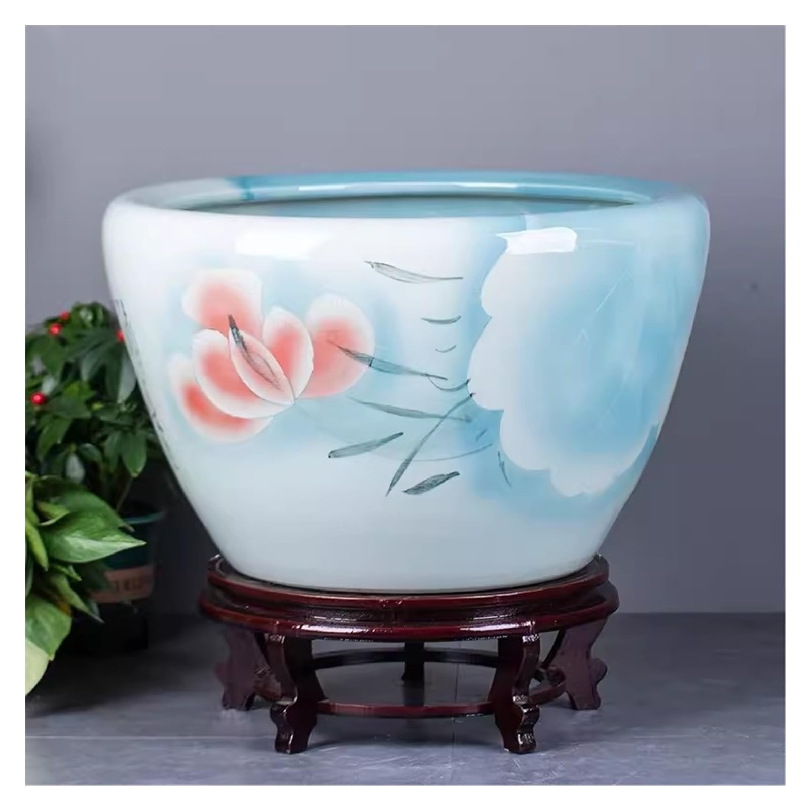 Mały Chiński tradycyjny ceramiczny zbiornik na ryby niebieski liść lotosu kwiat lotosu zbiornik na ryby hodowlane na zewnątrz w pomieszczeniu salon Feng Shui dekoracyjny zbiornik na ryby zbiornik na ż