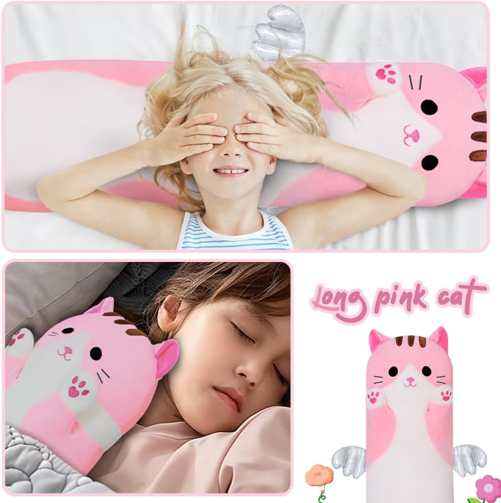 Cute Long Cat Plush Body Pillow, Kawaii Cat Plushie Toys Cuddle Cartoon Stuffed Animals Soft Kitten Throw Pillow Doll Gift for Kids Girls Boys (35.5", Pink)