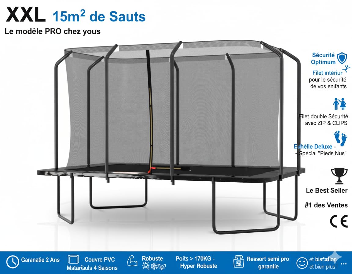 Trampoline de Jardin Rectangulaire XXXL 518cm x 305cm modèle Famille -Pack Complet livré avec Filet de sécurité, Matelas de Protection et Echelle Noir