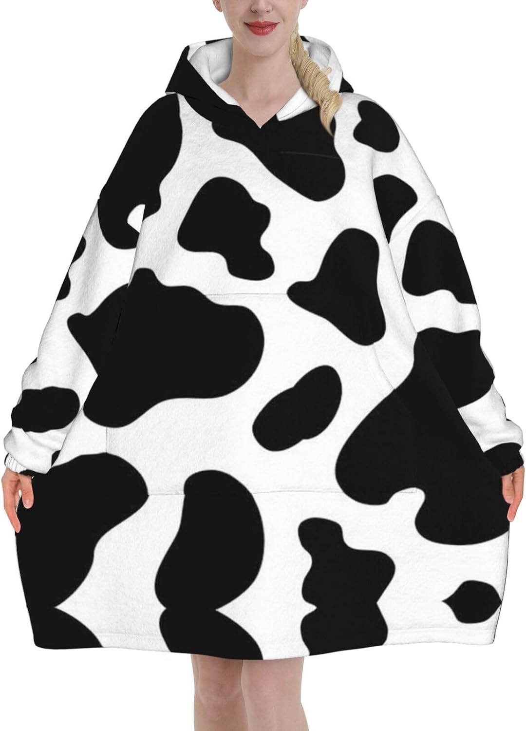 MUSM Cow Spot Print Blanket Hoodie Fleece Sweatshirt Blanket With Sleeves And Pockets