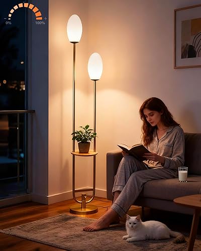 Miniatura 22 de Lightdot Lámparas de pie bohemias regulables para sala de estar, lámpara de pie de ratán de 3 luces con estantes, lámpara de pie de granja blanca