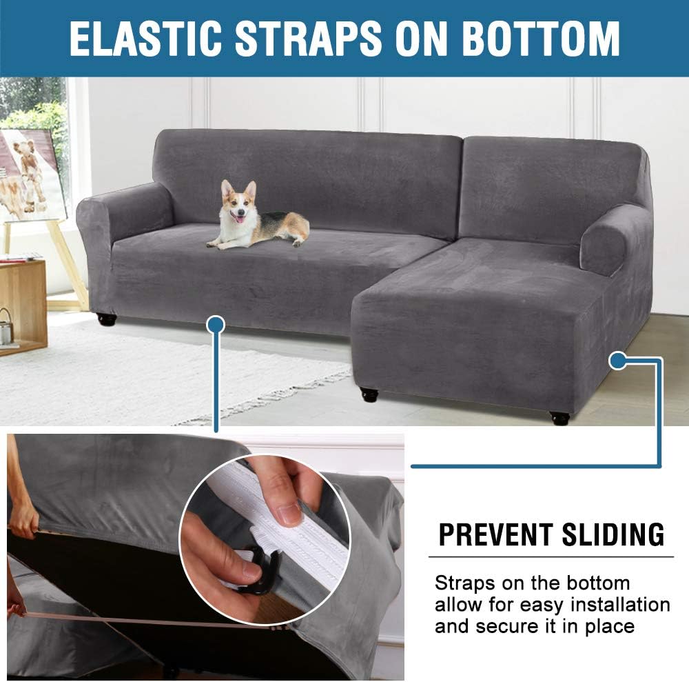 Rich Velvet Stretch 2 Pieces L-Shaped Sofa Covers Anti-Slip Sectional Sofa Slipcovers with Straps Bottom Luxury Thick Velvet Corner Sofa Cover(Large Size=Right Chaise with 2 Seater, Grey)