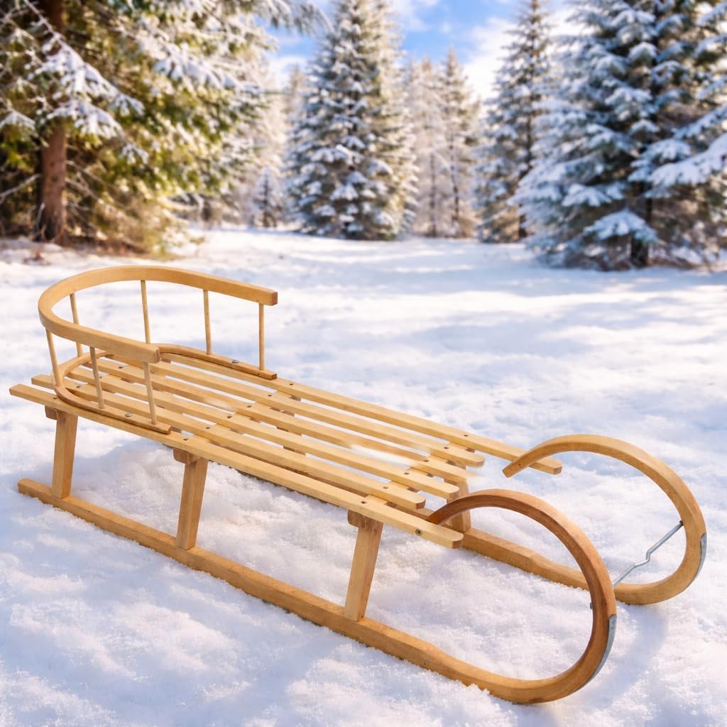 Holzschlitten | Hörnerrodel 120 cm mit Rückenlehne | Hörnerschlitten | Schlitten Kinder Holz | Kinderschlitten aus Holz | Perfekt für Winterabenteuer bis 200 kg